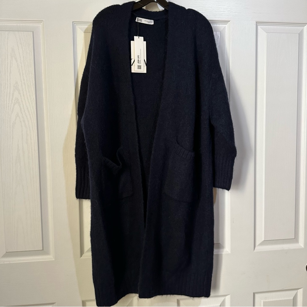 New Zara $69 Wool Blend Navy Blue Long Cardigan with Pockets Medium Large - Picture 8 of 13